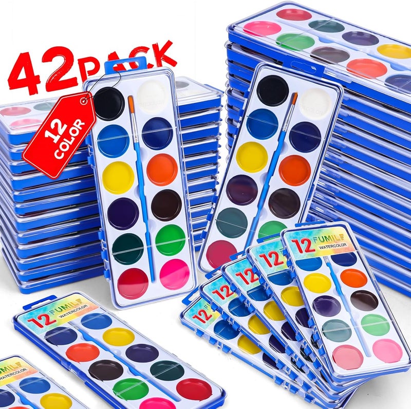 FUMILE 42 Pack Watercolor Paint Set for Kids, 12 Colors Watercolors Paints with Paint Brush, Kids Watercolor Paint Set for Party Favor, Classroom. - Image 1